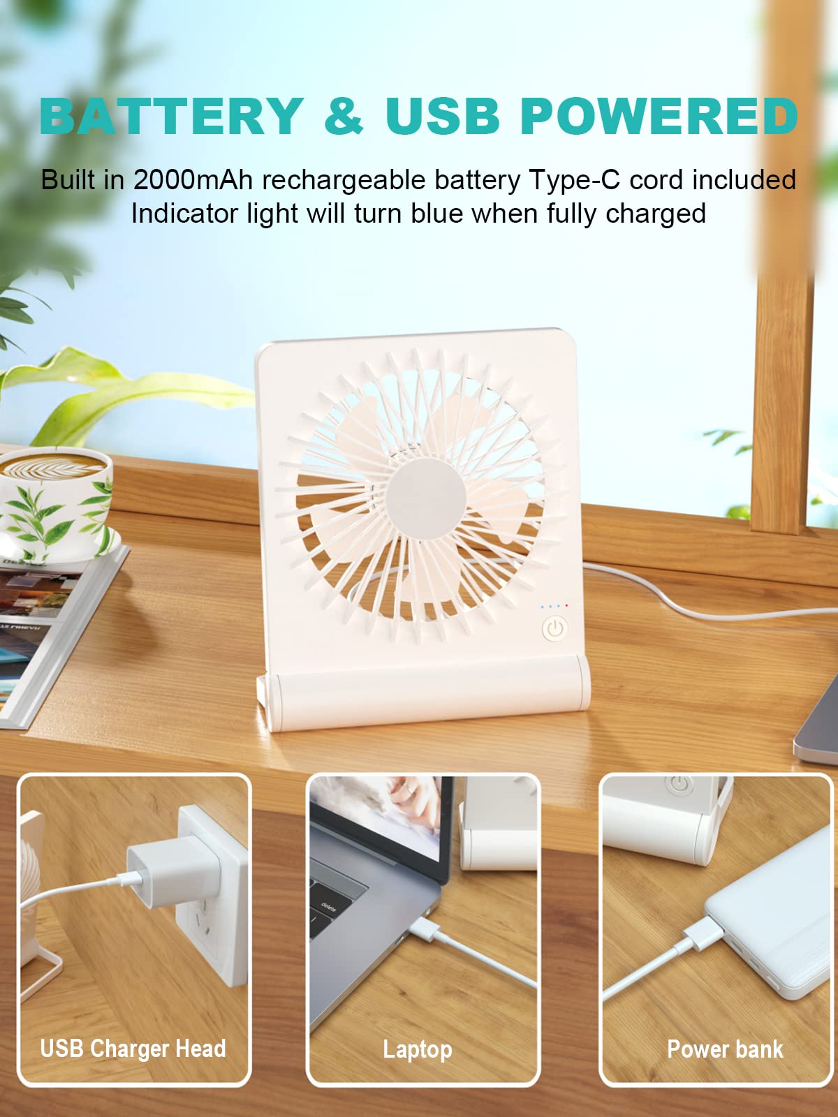 Tevelecin Small Desk Fan, 2000mAh Rechargeable USB Fan Battery Operated,3 Speeds & about 4-12 Hours Longer Working-White White