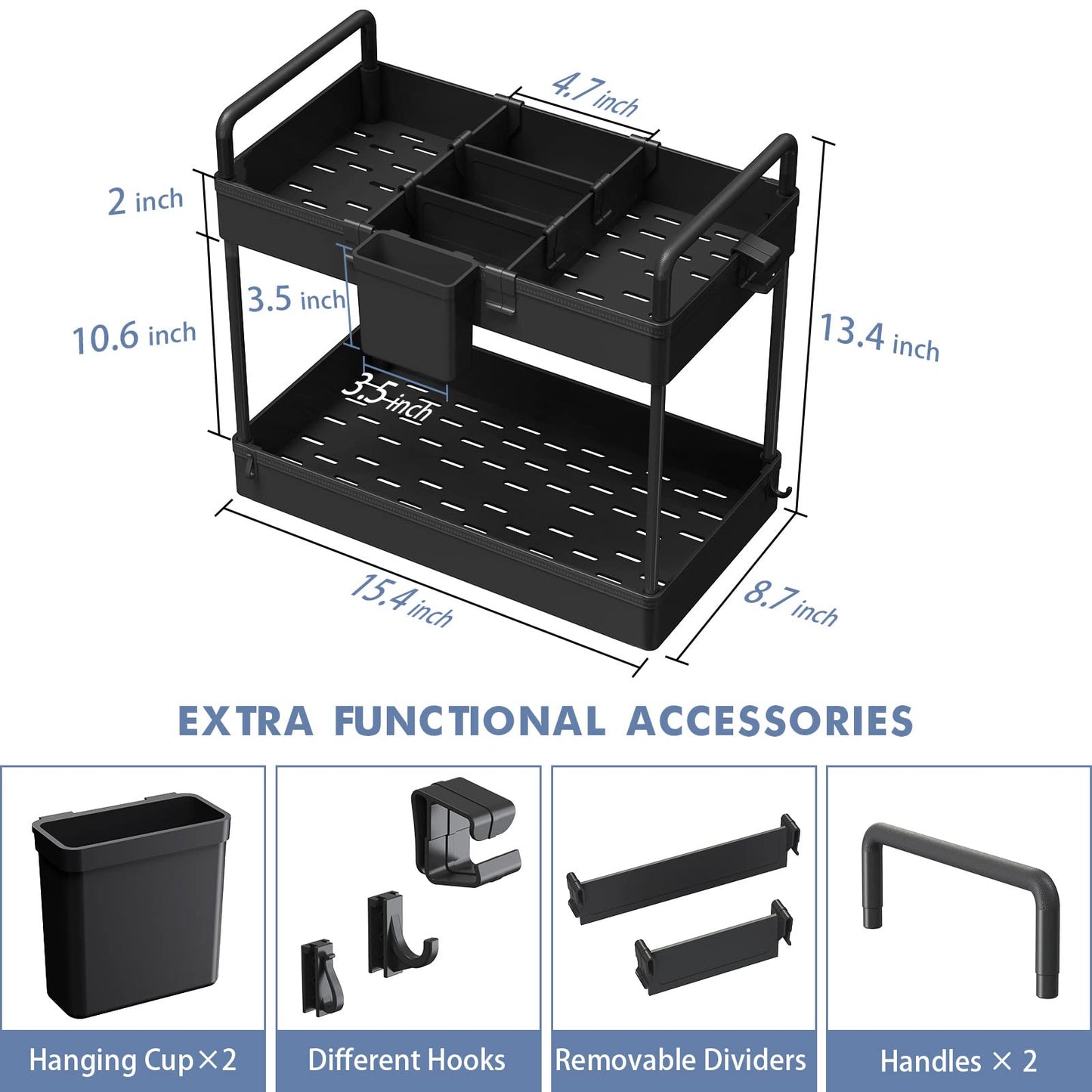 SOLEJAZZ 2-Tier Under Sink Storage, Bathroom Countertop Organizer, Standing Rack Cosmetic Holder, Bathroom Tray with Dividers, Storage Shelf Organizer for Makeup Cosmetic Perfume, 34x22x39cm, Black