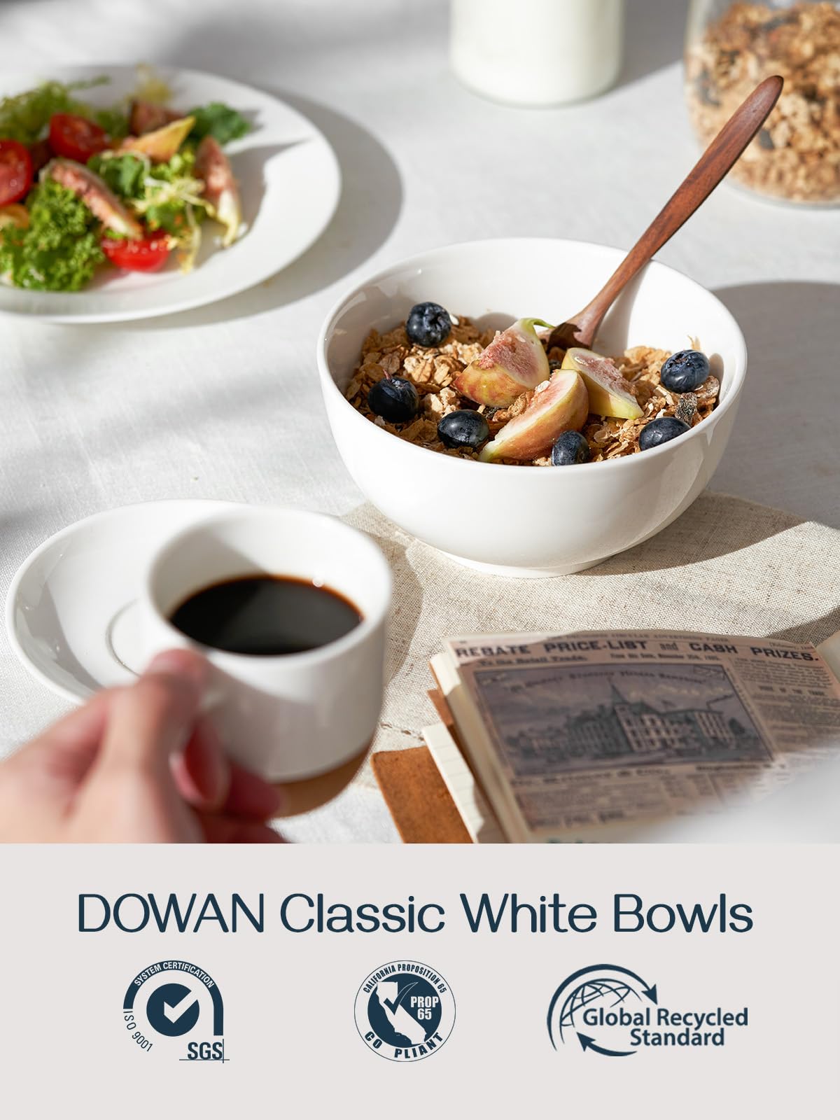 DOWAN 650ml Soup Bowls,Φ15.4cm Bowls Set of 4 for Kitchen,Ceramic Cereal Bowls, White Bowls for Soup, Breakfast, Oatmeal, Rice, Pasta, Salad 600ml