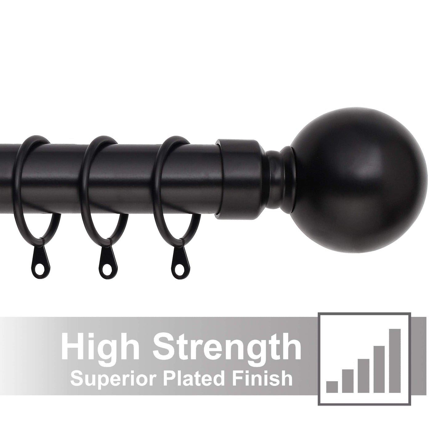 Plain Metal Ball Extendable Curtain Pole. Includes Pair Of Superior 60mm Size Finials, Rings, Brackets & Fittings Set. (Mat Black, 120cm - 210cm, 48 inch to 83 Inch) Mat Black