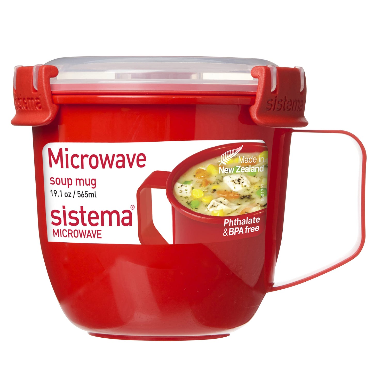 Sistema Microwave Small Soup Mug, Microwave Food Container, 565 ml, BPA-Free, Red/Clear 1 Count (Pack of 1)