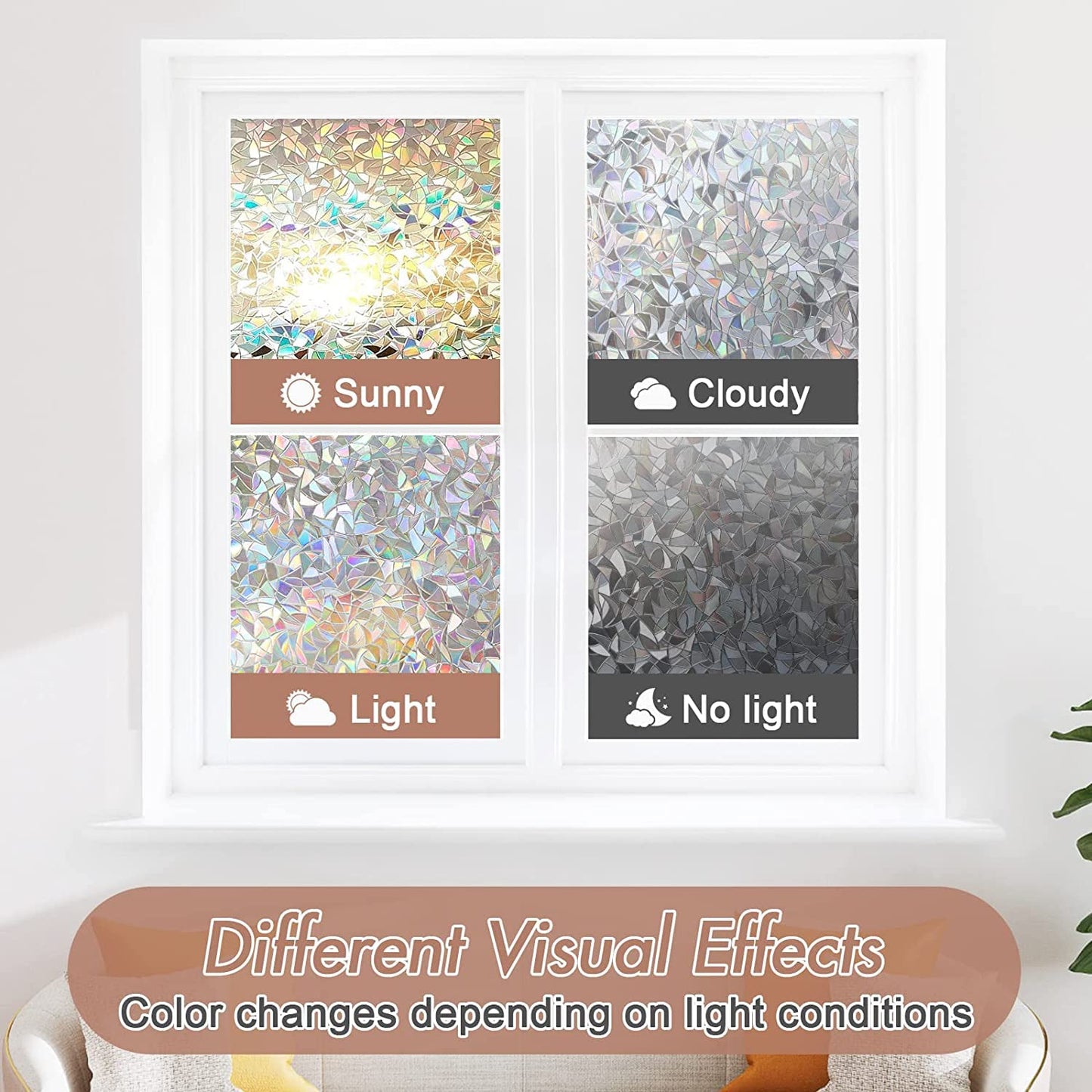 Haton Privacy Window Film Self-Adhesive Static Clings, 3D Decorative Rainbow Window Stickers, Removable Glass Vinyl, Anti-UV Window Covering Film for Home Office, 90x200 cm 90x200cm