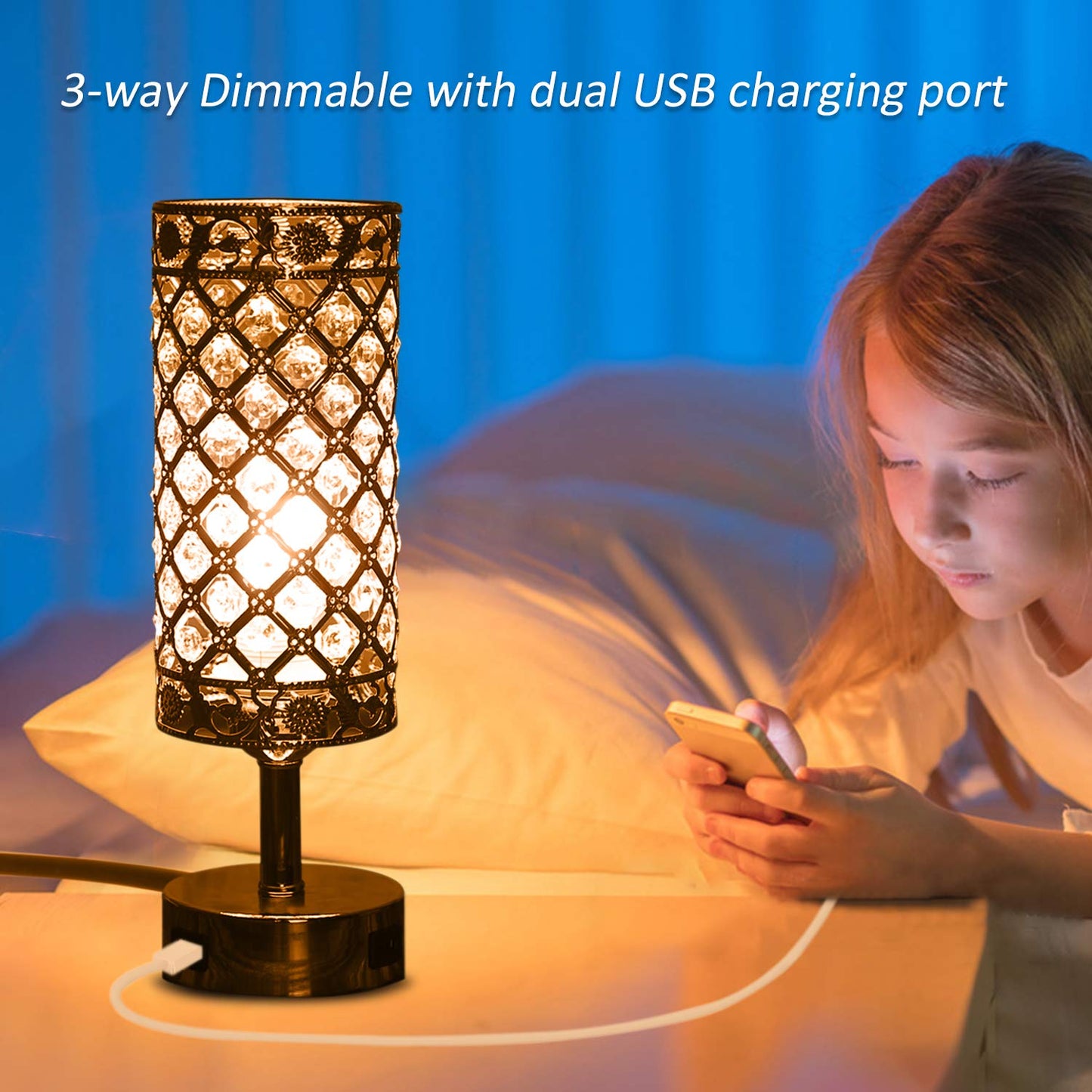 Tomshine Touch Control Crystal Bedside Lamp with Dual USB Port 3-Way Dimmable Table Lamp with E27 Glitter Lampshade for Bedrooms Living Room(LED Bulb Included) (Silver),LT132UK 1 Pack Silver