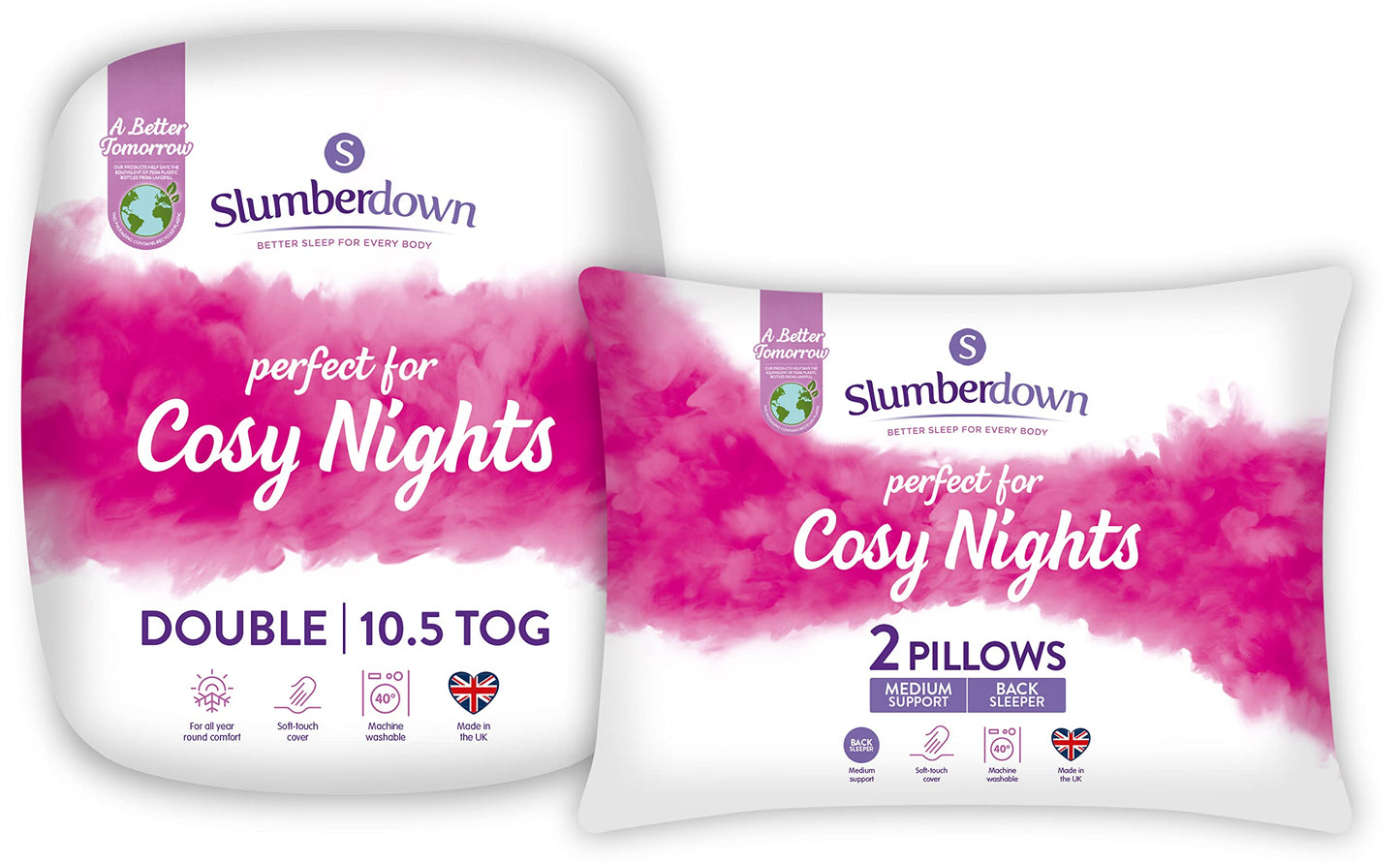 Slumberdown Cosy Nights Double Duvet - 10.5 Tog All Year Round Quilt Ideal for Summer & Winter, 2 Medium Pillows - Soft Touch Cover, Hypoallergenic, Machine Washable, Size (200cm x 200cm) 10.5 TOG + 2 Medium Pillows Double Bed