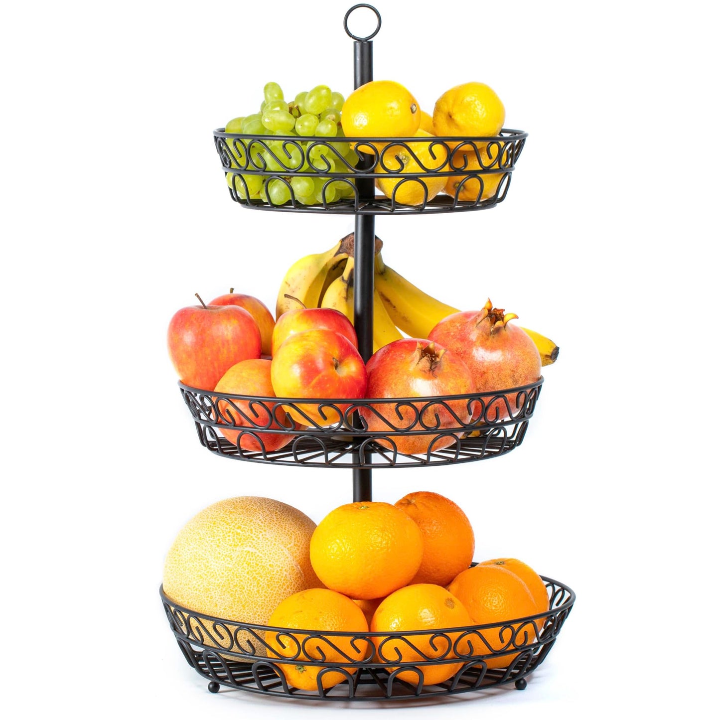 Chefarone 3 Tier Fruit Bowl - Countertop Metal Fruit Basket - Black Fruit Bowls Vintage Style (34 x 34 x 52 cm) 3-tier Black