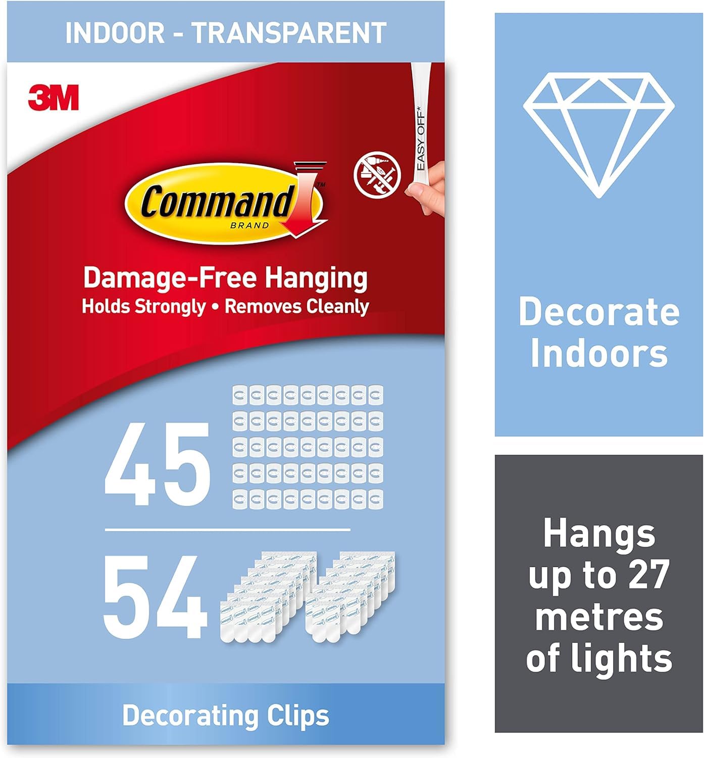 Command Clear Decorating Clips, Value Pack of 45 Transparent Clips and 54 Small Adhesive Strips - Little Hooks for Decorations and Fairy Lights - Damage Free Hanging Decorating clips - value pack Single