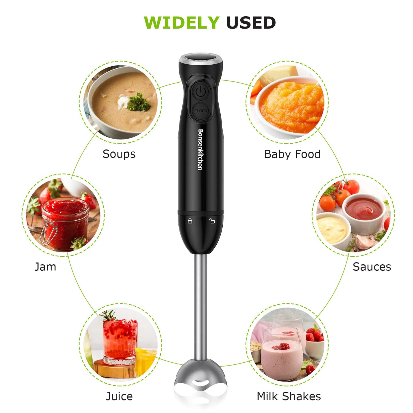 Bonsenkitchen Hand Blender, Immersion Blender Handheld, Stick Blender Electric with Stainless Steel Blade for Making Baby Food, Soups, Sauce, HB3201 (Black) Single