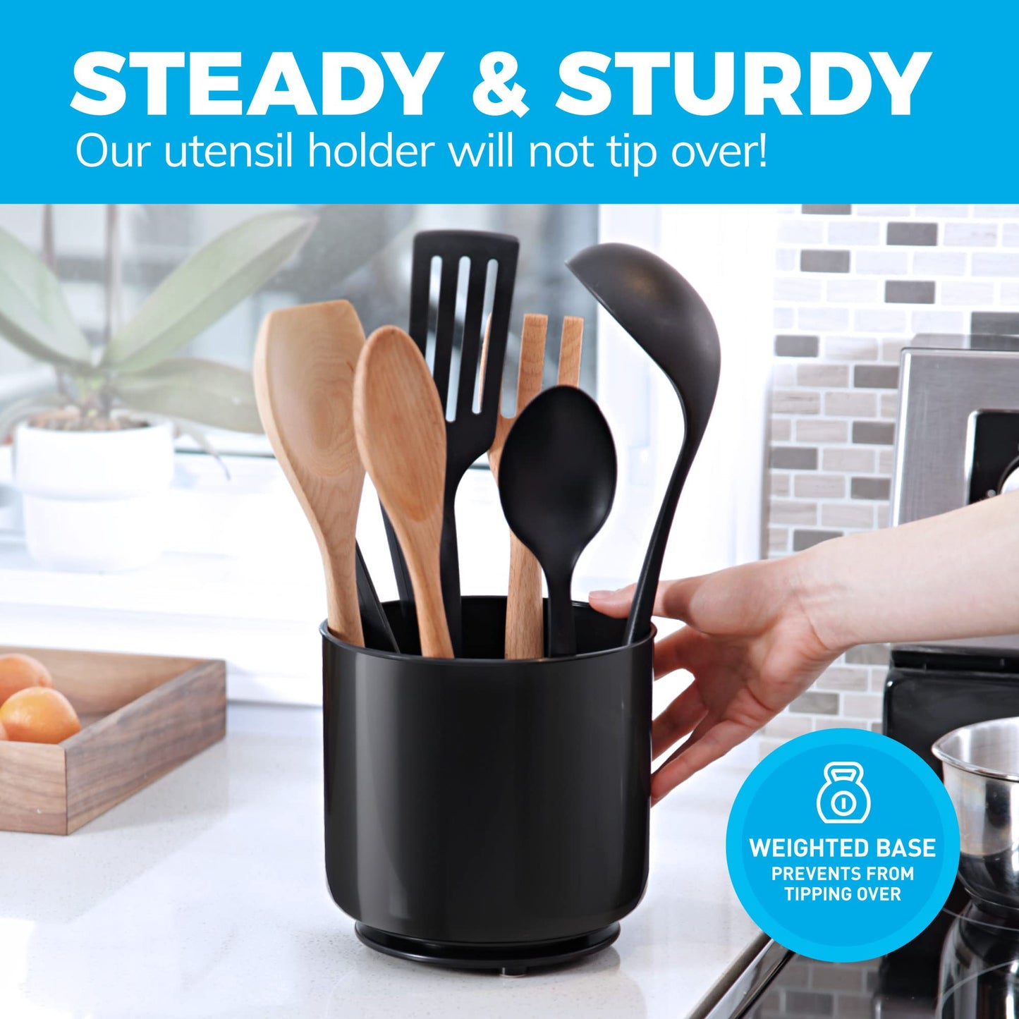 Extra Large and Sturdy Rotating Black Utensil Holder Caddy with No-Tip Weighted Base, and Gripped Insert | Rust Proof and Dishwasher Safe Kitchen Utensils Holder and Cutlery Holder Plastic