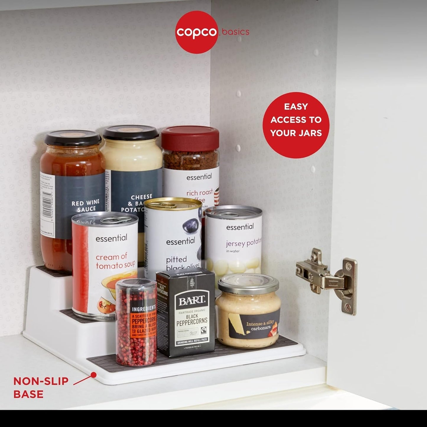 Copco Basics 3-Tier Spice Rack for Inside Cupboard, Non-Slip Kitchen Shelf Organiser, 26 x 23 x 8.5cm, White/Grey 26 x 23 x 8.5 cm Single