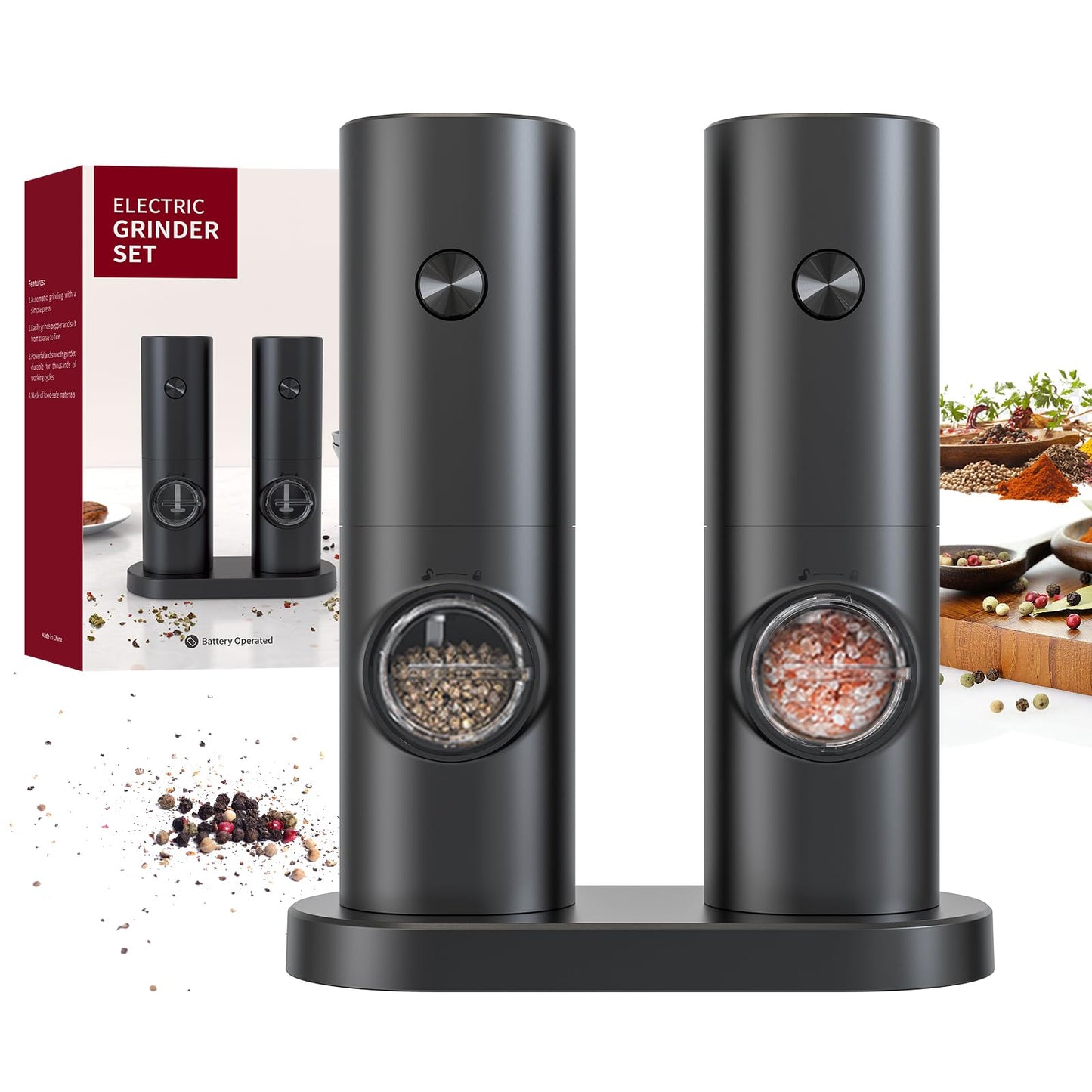 CIRCLE JOY Electric Salt and Pepper Grinder Set, Battery Operated Pepper Mill Grinder with Base, Adjustable Coarseness and Automatic Single Hand Operation Battery-powered Mill Set - Black