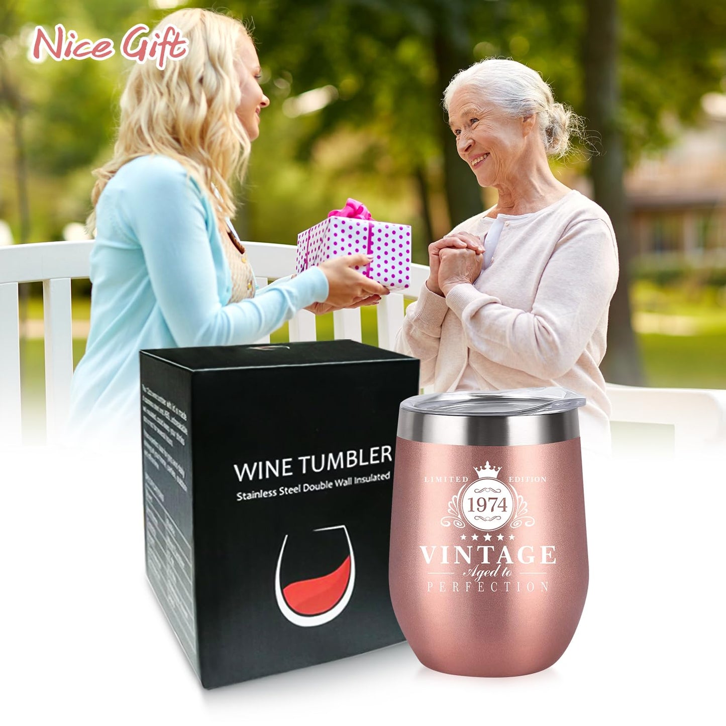 1974-50th Birthday Gifts for Women, 12oz Stainless Steel Wine Tumbler, Reusable Travel Mug Double Wall Vacuum Cup with Lid, Ideas Gifts for Her, Mom, Dad, Wife, Husband, Rose Gold 50th 1974 Vintage - Rose Gold