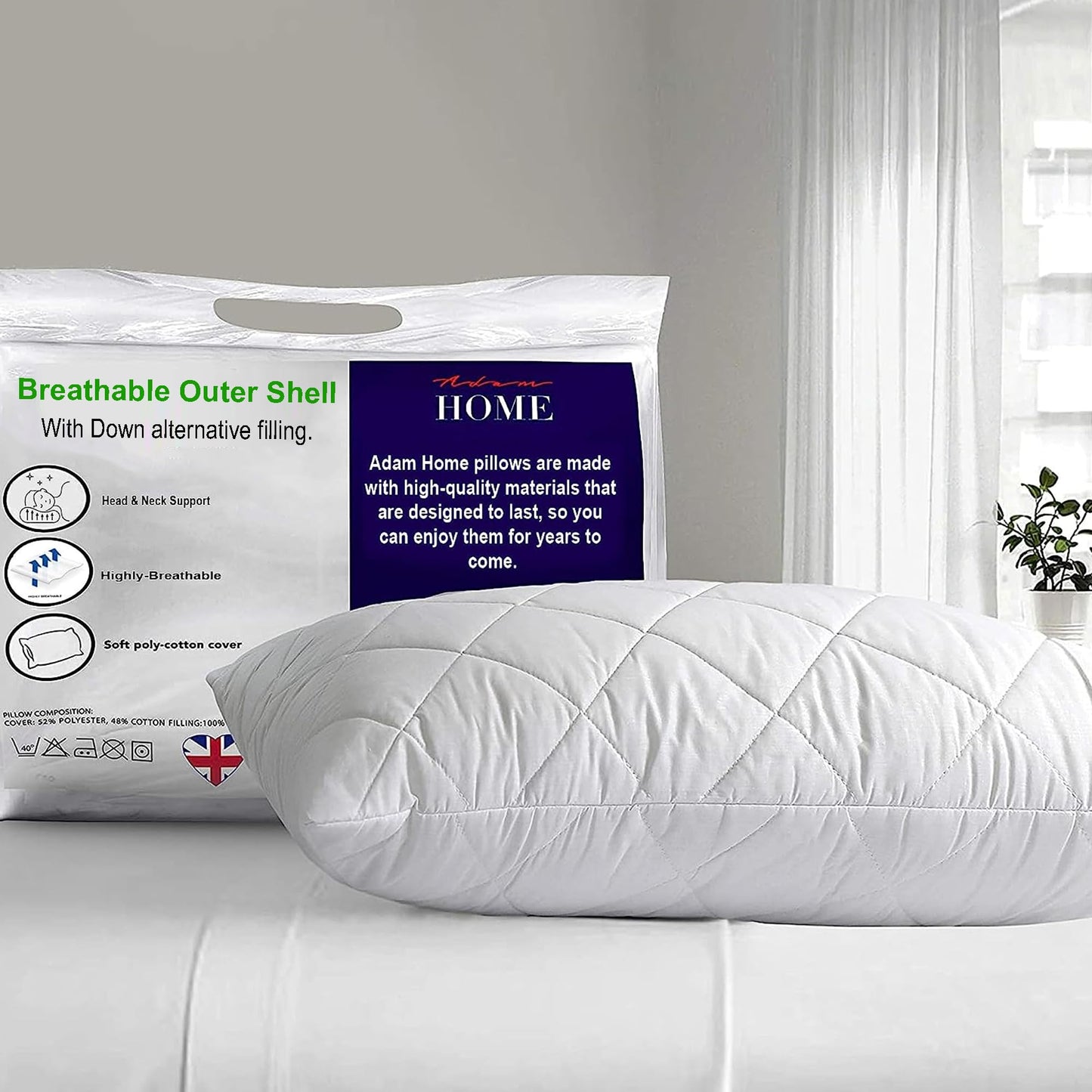 Adam Home Pillows 2 Pack Hotel Quality with Quilted Cover (2 Pillows) Filled Pillows for Stomach, Back and Side Sleeper, Down Alternative Bed Pillow-Soft Hollow-Fiber Hotel Pillows 2 Count (Pack of 1) White