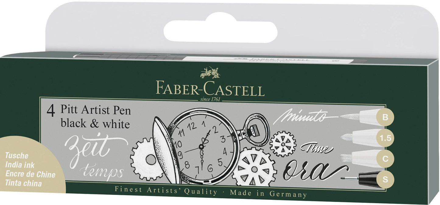 Faber-Castell Art & Graphic Pitt Artist Pen India Ink Pen, Black & White, Wallet Of 4, For Art, Craft, Drawing, Sketching, Home, School, University, Colouring Single