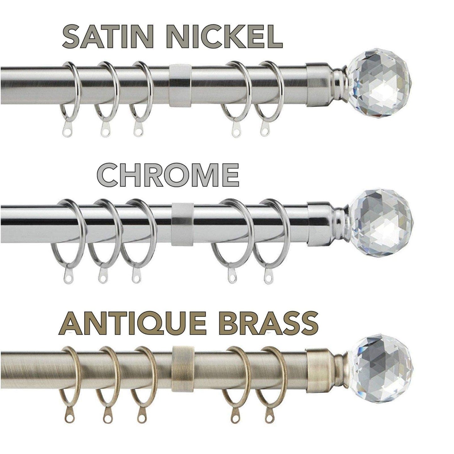 Extendable Curtain Pole | Crystal Metal Curtain Pole Set 25mm | Includes Rings, Finials, Brackets & Fittings (40cm to 218cm, Chrome) 40cm to 218cm