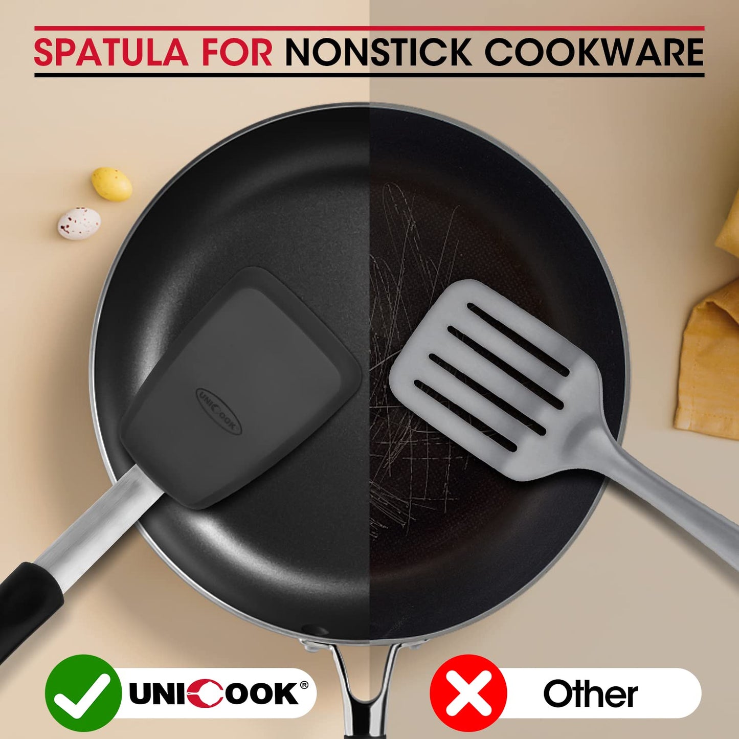 Unicook Flexible Silicone Spatula 2 Pack, Kitchen Utensils Set, Silicone Cooking Utensils Set, 600°F Heat Resistant Kitchen Turner Nonstick Spatula, Ideal for Flipping Eggs, Pancake, Burgers Small + Large