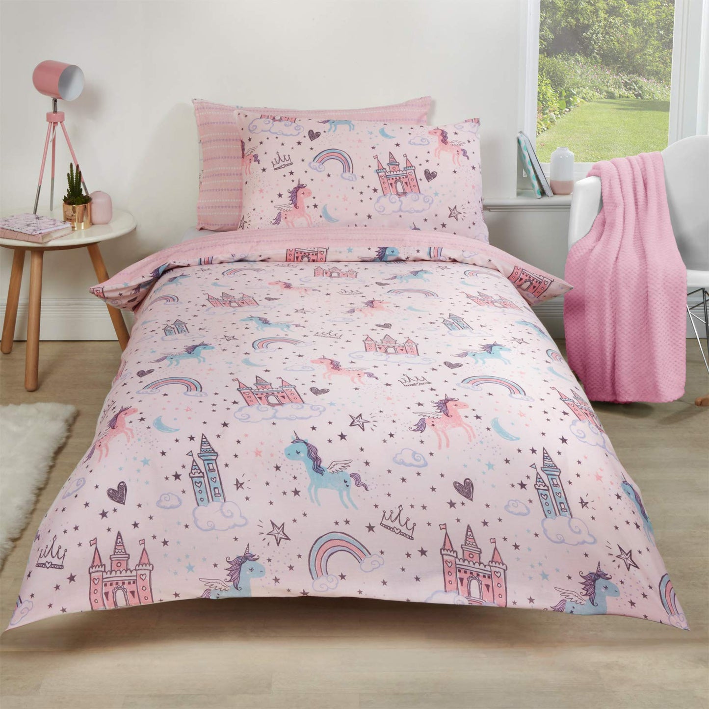 Dreamscene Unicorn Kingdom Duvet Cover with Pillow Case Reversible Star Stripe Bedding Set, Girls Fairy Castle Pink - Single Blush Pink