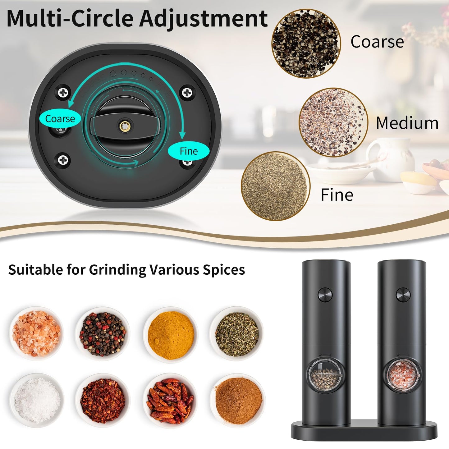 CIRCLE JOY Electric Salt and Pepper Grinder Set, Battery Operated Pepper Mill Grinder with Base, Adjustable Coarseness and Automatic Single Hand Operation Battery-powered Mill Set - Black