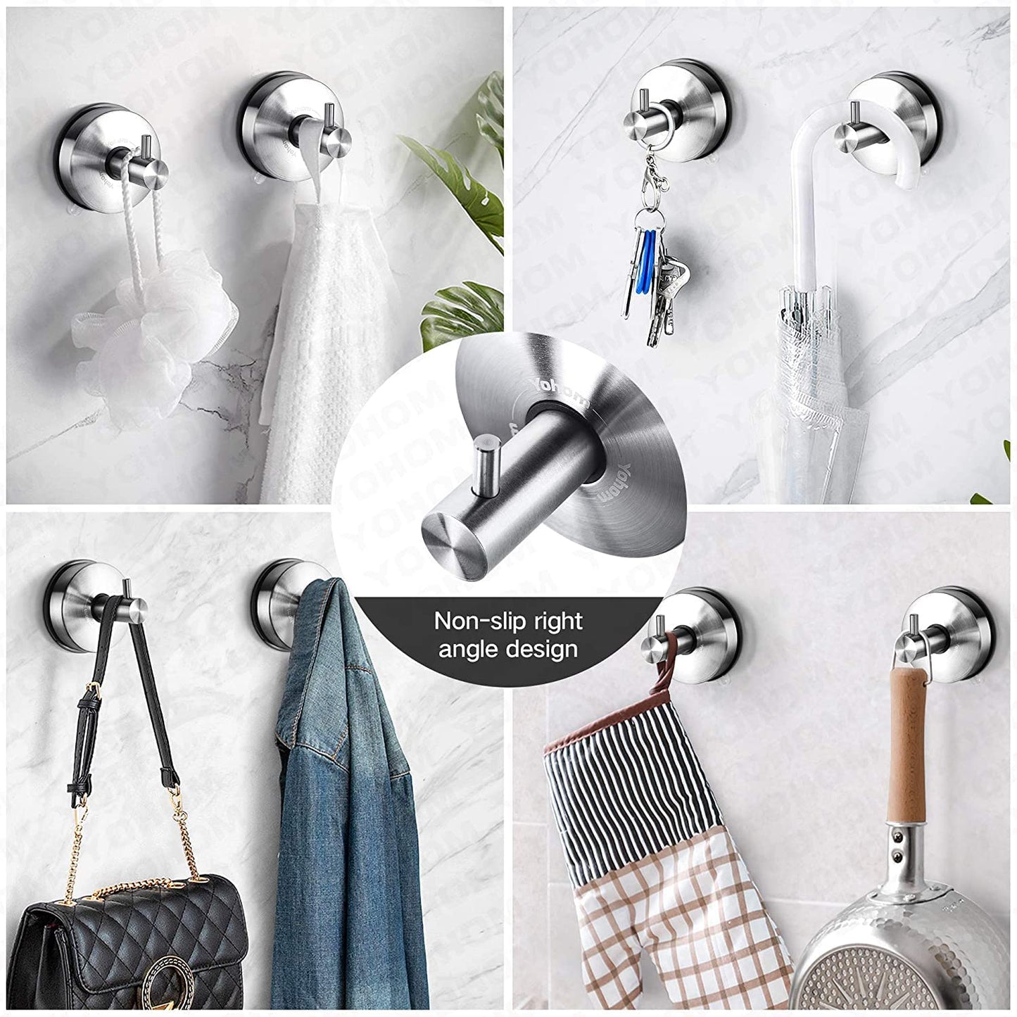 YOHOM Suction Cup Towel Hooks for Bathroom Kitchen Sucker Shower Hook Bathroom Towel Hooks Suction Tea Towel Holder Stainless Steel Heavy Duty Suction Hook Coat Hanger for Robe No Drill Silver 4Pcs 4 Packs Brushed Silver