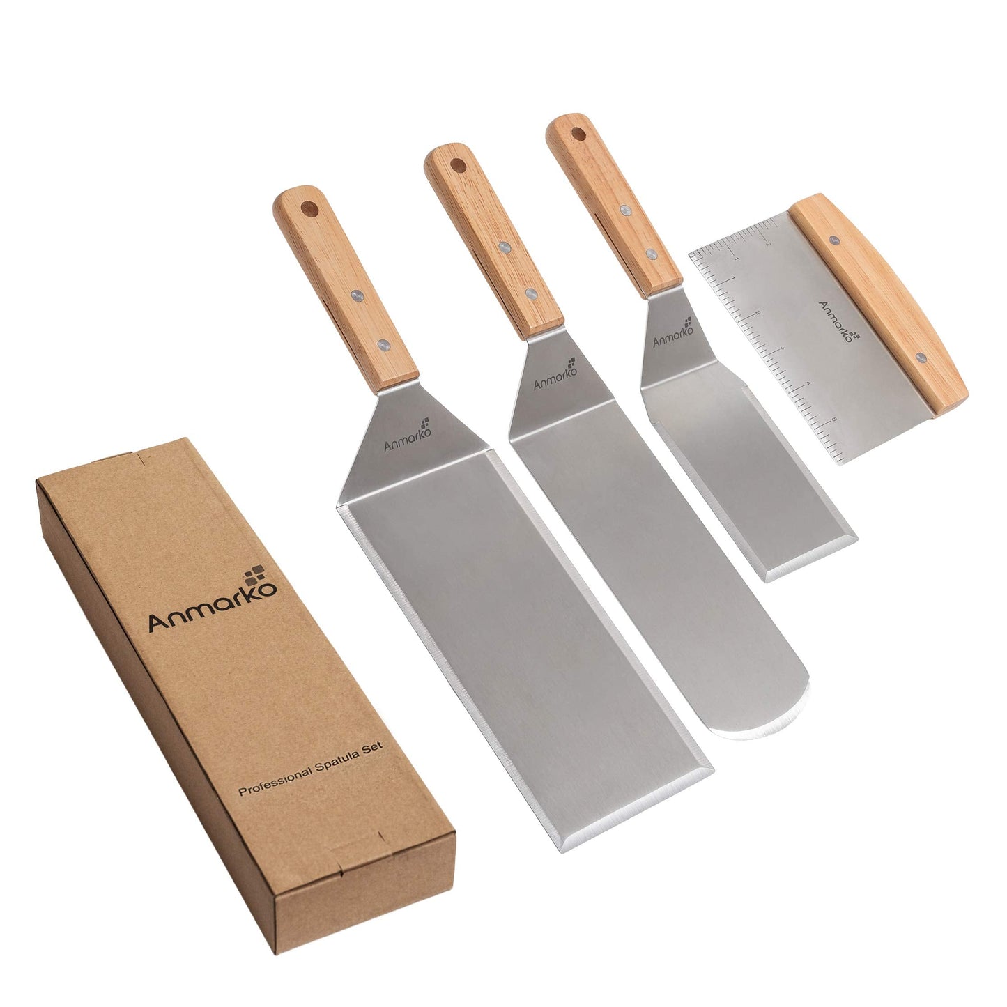 Stainless Steel Metal Spatula Set - Teppaniyaki Spatulas - Griddle Scraper Flat Spatula Pancake Flipper Turner - Metal Utensil BBQ Grill Flat Top Cast Iron Griddle Accessories - Commercial Grade Wooden Handle Set