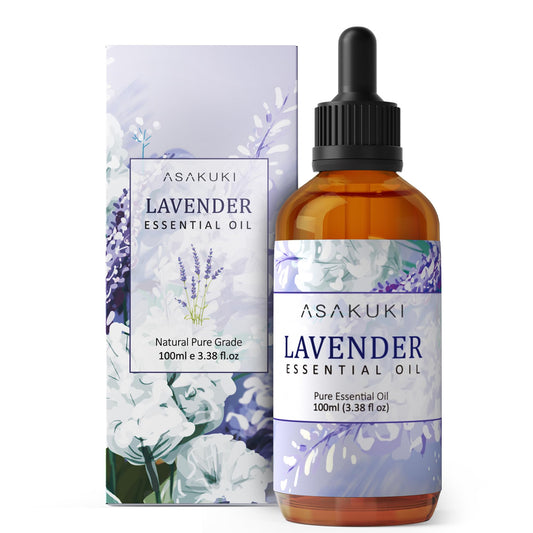 ASAKUKI Lavender Essential Oils 100mL, Lavender Oil 100% Natural Therapeutic Grade, Aromatherapy Oil Lavender for Better Sleep, Health Care, Relaxation, Ideal for Humidifier, Diffuser & Wellness