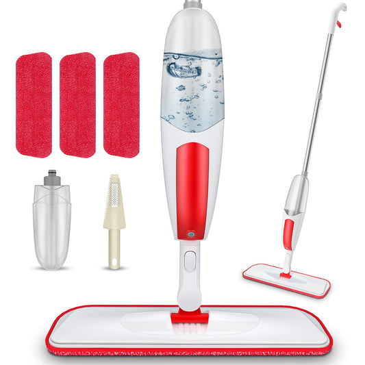 TRAV-ROUND Spray Mops for Cleaning Floors with 3pcs Washable Pads, Spray Floor Mop with 550ML Refillable Bottle Dry Wet Microfibre Flat Mop for Kitchen Wooden Hardwood Laminate Ceramic Tile B - Red Spray Mop(3 Pads+1 Bottles)