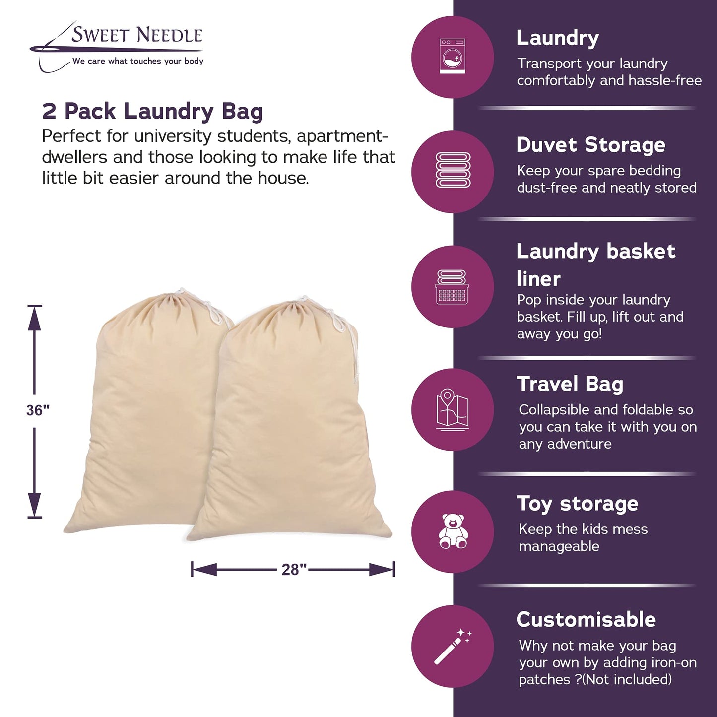 Sweet Needle Pack of 2 Heavy Duty Extra Large Laundry Storage Shopping Bags, 71x91 CM (28x36 IN) 75L - 100% Cotton, Highly durable, Draw-cord with cord-lock, Machine Wash and reusable Travel Bag 2 Pack