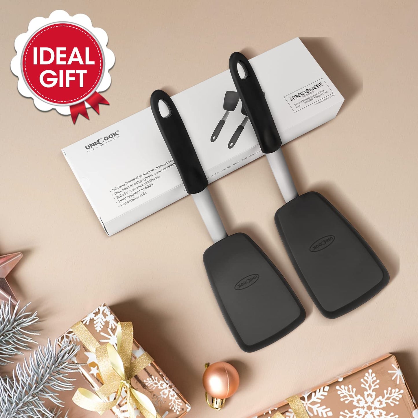 Unicook Flexible Silicone Spatula 2 Pack, Kitchen Utensils Set, Silicone Cooking Utensils Set, 600°F Heat Resistant Kitchen Turner Nonstick Spatula, Ideal for Flipping Eggs, Pancake, Burgers Small + Large