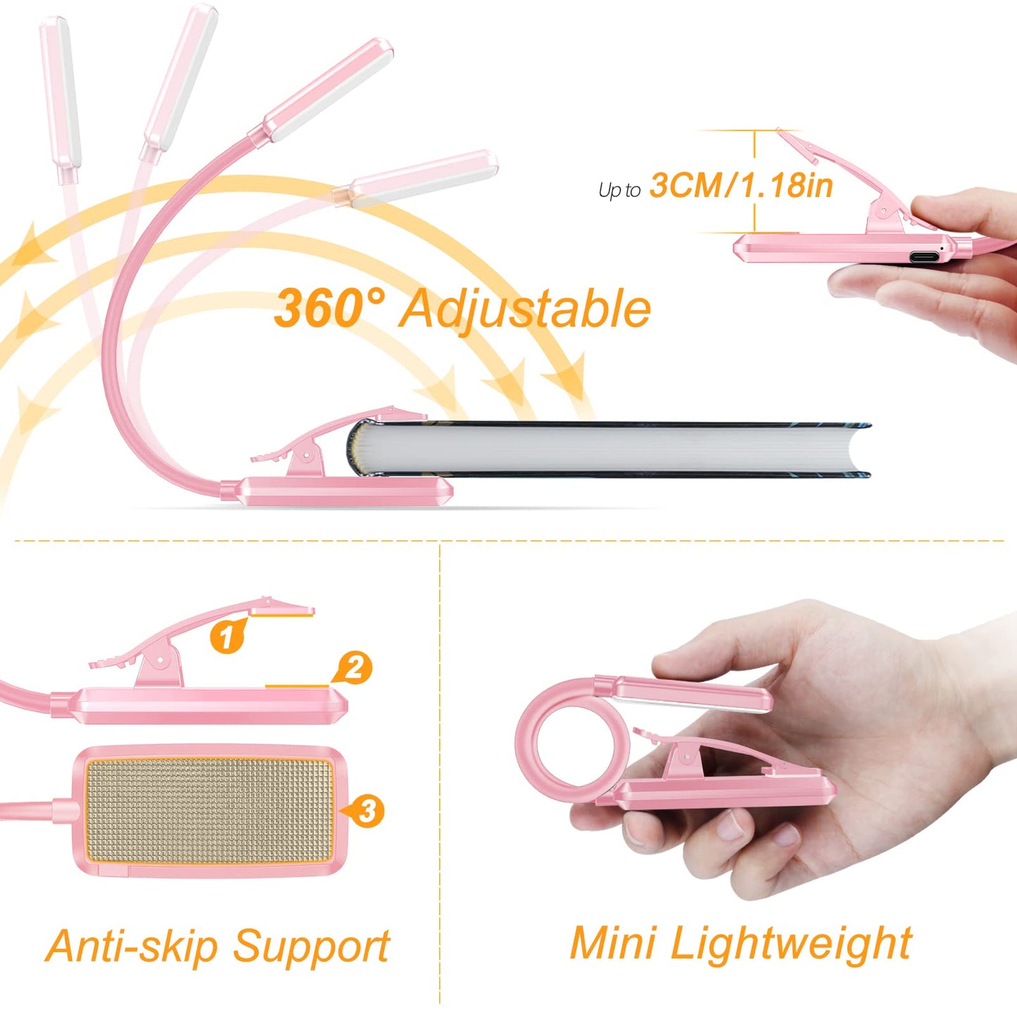 Gritin 9 LED Book Light, 3 Eye-Protecting Modes Reading Light Book Lamp (Warm&Cool White Light) -Stepless Dimming, Rechargeable, Long Battery Life, 4-Level Power Indicator -Pink Pink