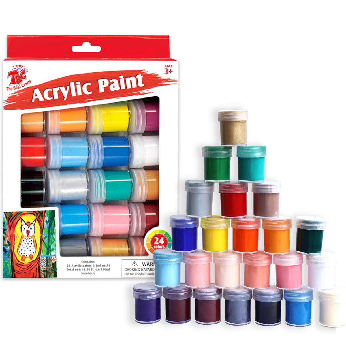 TBC The Best Crafts Acrylic Paint Set, 24 Basics Colors with Bottles (15ml/0.5oz Each), Rich Pigments, Non Toxic for School, Arts and Crafts Projects