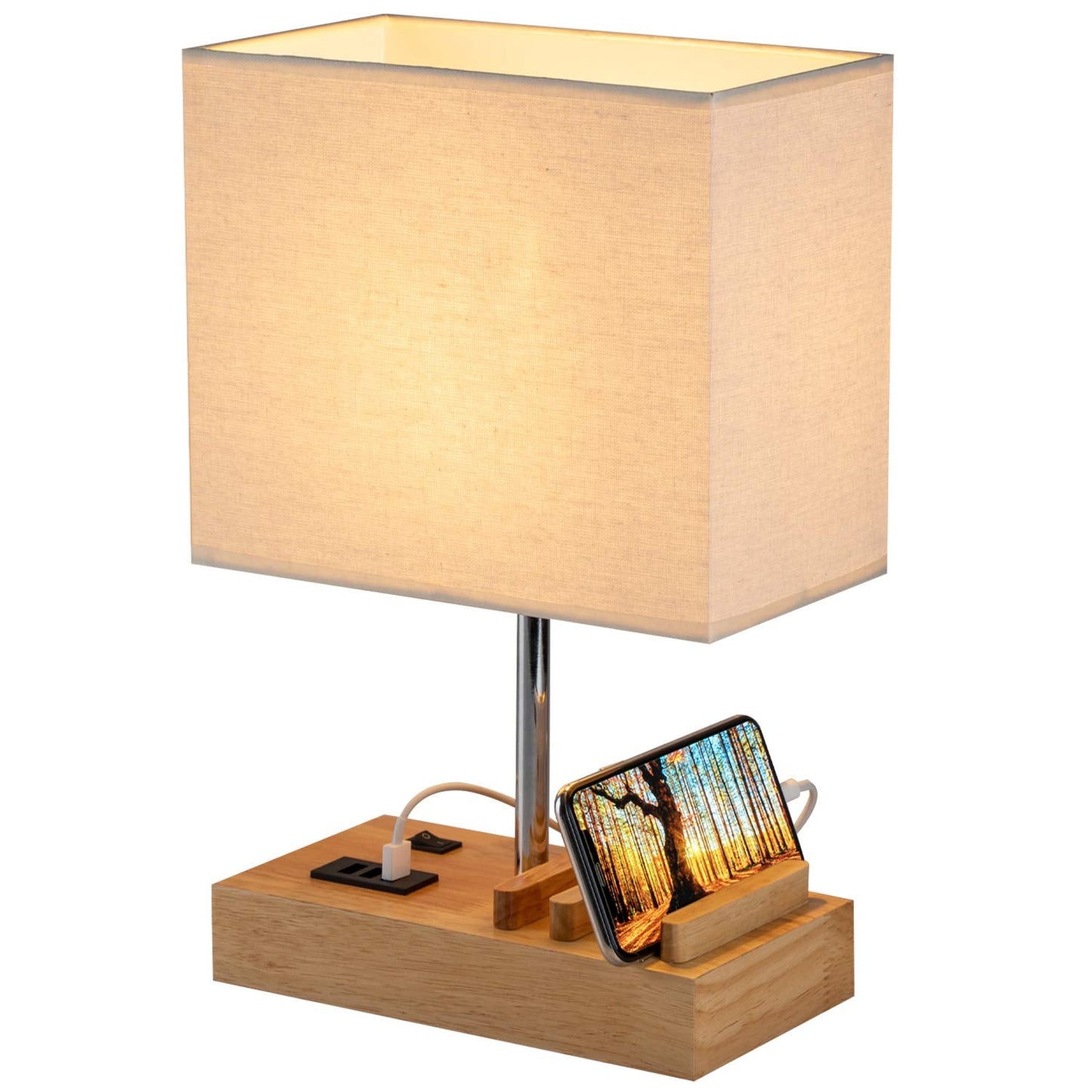 USB Bedside Table Lamp, HHome Plus Desk Lamp with 3 USB Charging Ports and Phone Charge Dock, Wood Charging Station and Organizer, Perfect Light for Bedroom, Guest Room, Living Room, Office Linen Shade