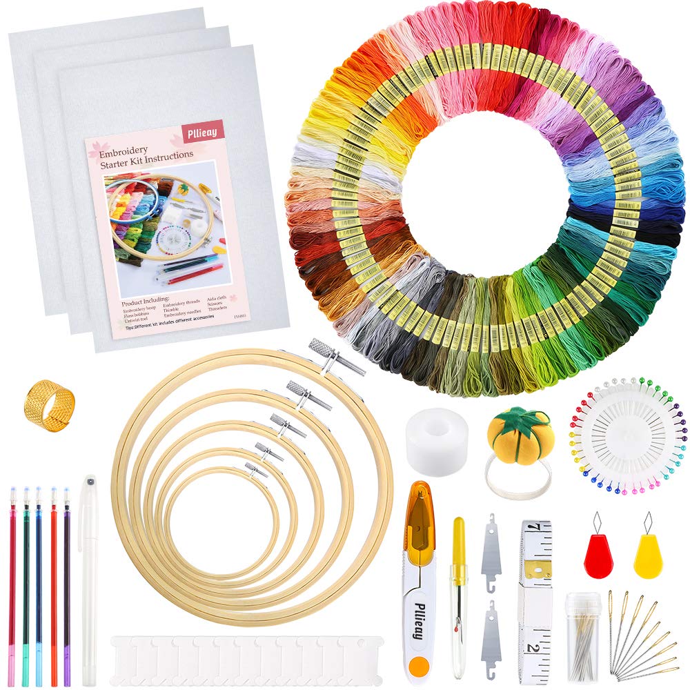 Pllieay Full Range of Embroidery Starter Kit with Instructions, 5 Pieces Bamboo Embroidery Hoops, 100 Colors Threads, 3 Pieces Aida Cloth and Cross Stitch Tools Kit for Sewing