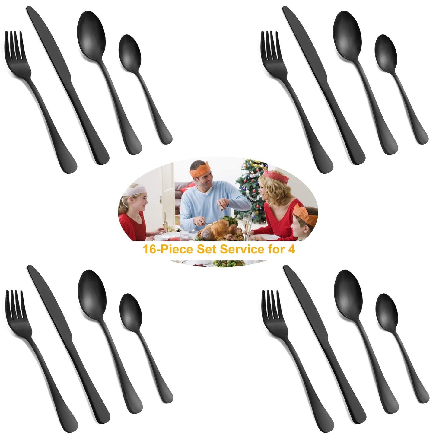 Cutlery Set, BEWOS 16 Piece Matt Black Stainless Steel Flatware Set, Silverware Tableware Set with Spoon Knife and Fork Set, Service for 4, Easy Clean/Dishwasher Safe 16p Black 16 Pieces