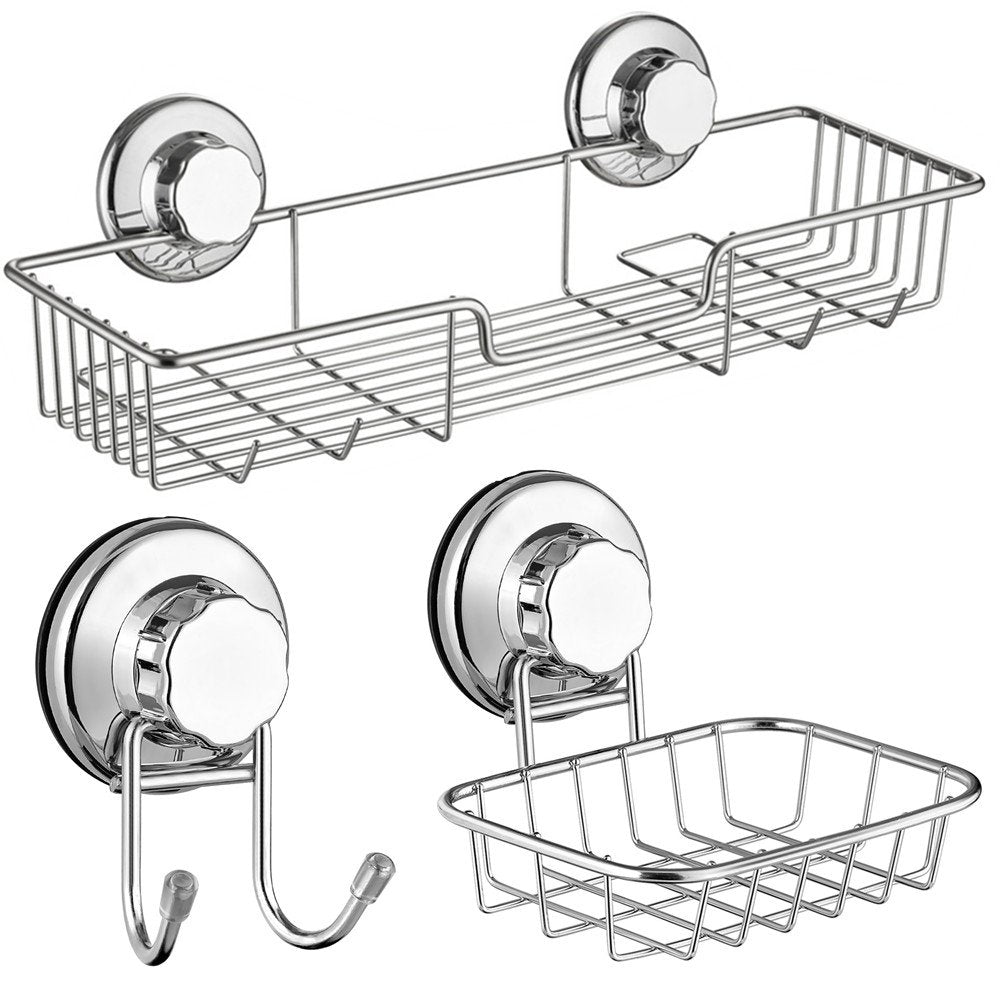 SANNO Suction Cup Shower Caddy/Soap Dish/Bath Hook-Shower Organizer Accessories Kitchen Storage Basket for Shampoo, Conditioner, Soap- Anti Rust Stainless Steel (Set of 3) C