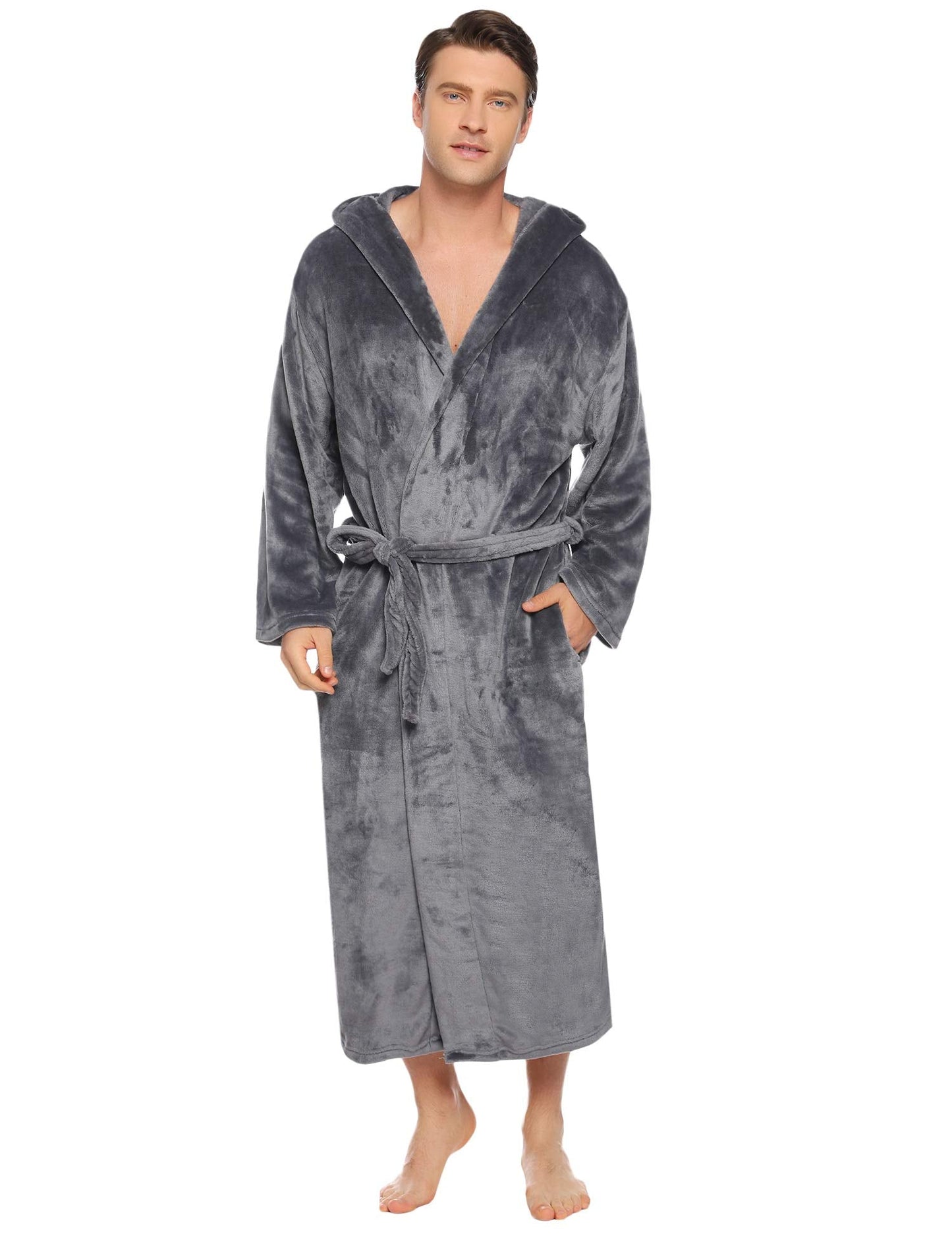 Vlazom Men Dressing Gown, Hooded Warm Robes Flannel Soft Bathrobe Fluffy Housecoat for Winter Dark Grey 3XL