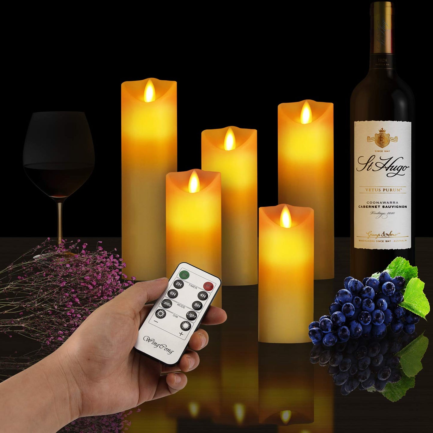 WINGCONG Led Candles, Flameless Candles, 5.5"/6"/6.5"/7"/8" Set of 5 Flameless Flickering Candles Battery Operated with 24 Hour Timer and 10 Key Remote Control, Ivory Real Wax Moving Wick Candles