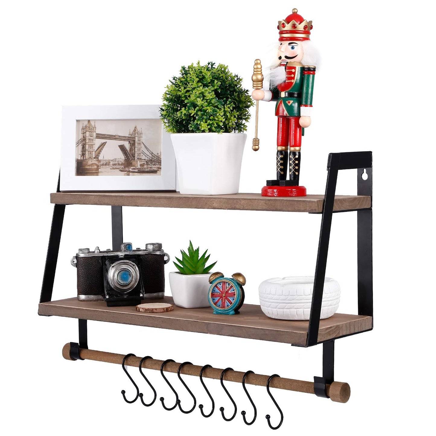 Vencipo 2-Tier Floating Shelves Wall Mount for Kitchen Spice Rack with 8 Hooks Storage, Rustic Farmhouse Wood Wall Shelf for Bathroom Décor with Towel Bar. Carbon Black