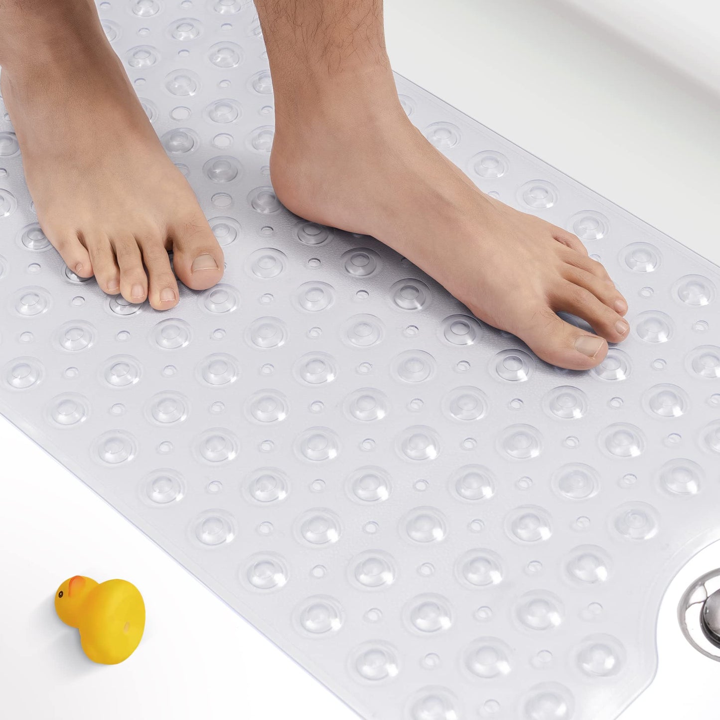 HITSLAM Non Slip Bath Mat for Tub, 100 x 40cm Extra Long Shower Mat Anti Mould, Machine Washable Bathroom Bathtub Mat with Suction Cups and Drain Holes, Soft on Feet, Clear 100cm x 40cm