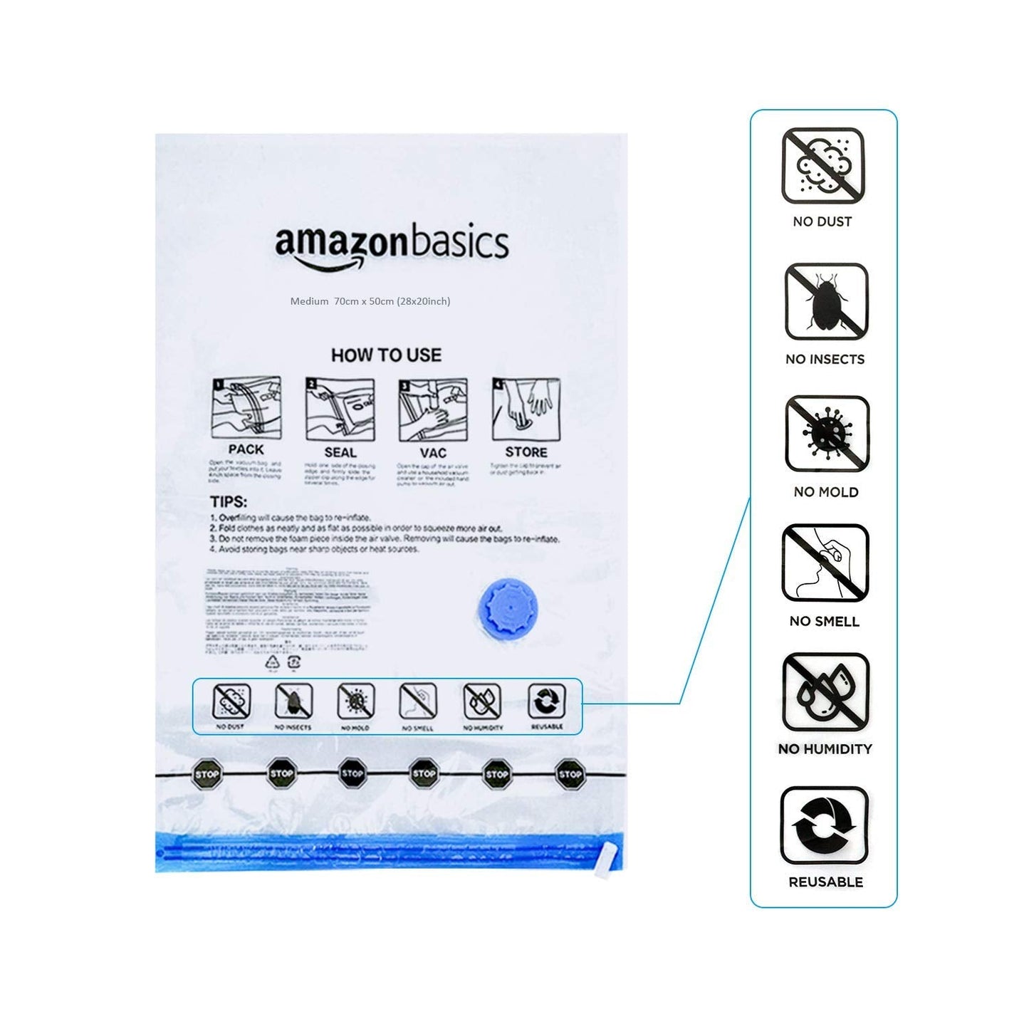 Amazon Basics Vacuum Compression Zipper Storage Bags with Airtight Valve and Hand Pump, 3x (Jumbo, Large, Medium, Small), 12-Pack, Multiple, Clear Single