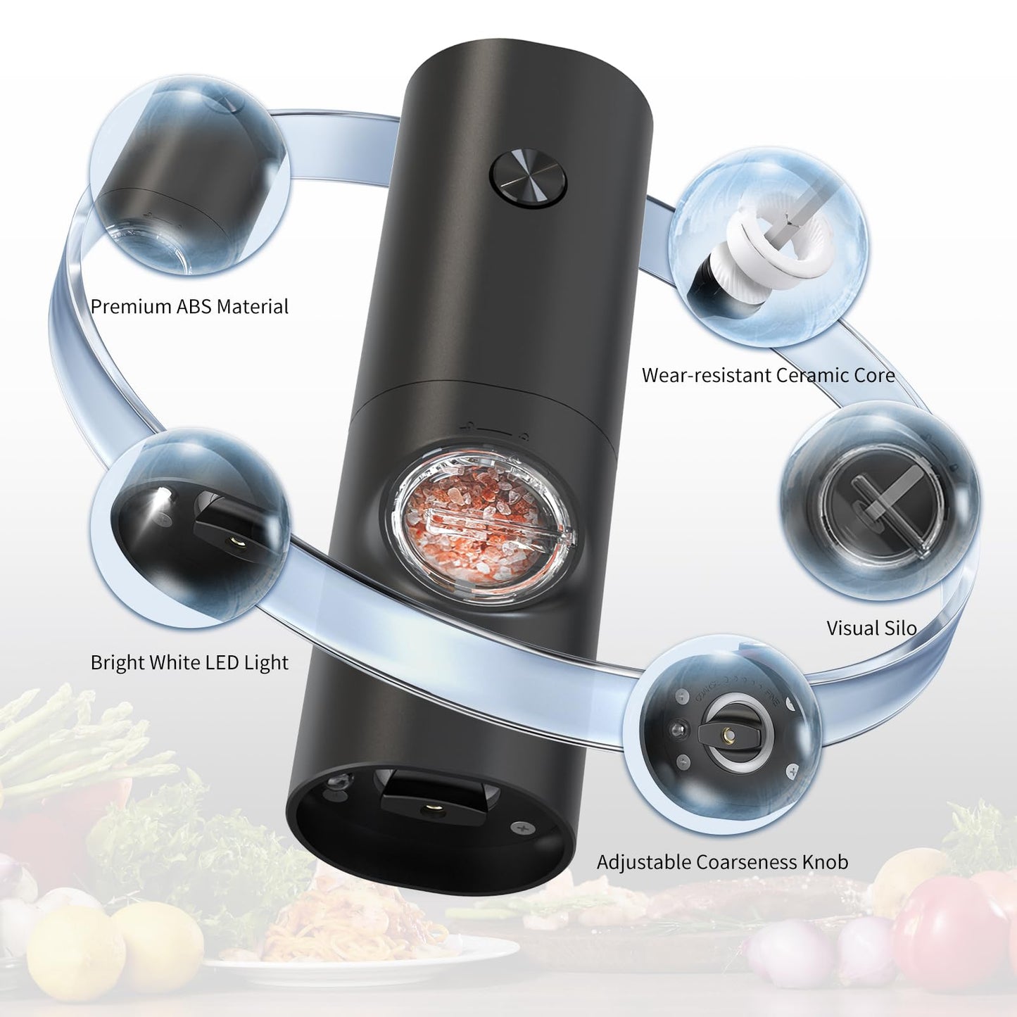 CIRCLE JOY Electric Salt and Pepper Grinder Set, Battery Operated Pepper Mill Grinder with Base, Adjustable Coarseness and Automatic Single Hand Operation Battery-powered Mill Set - Black