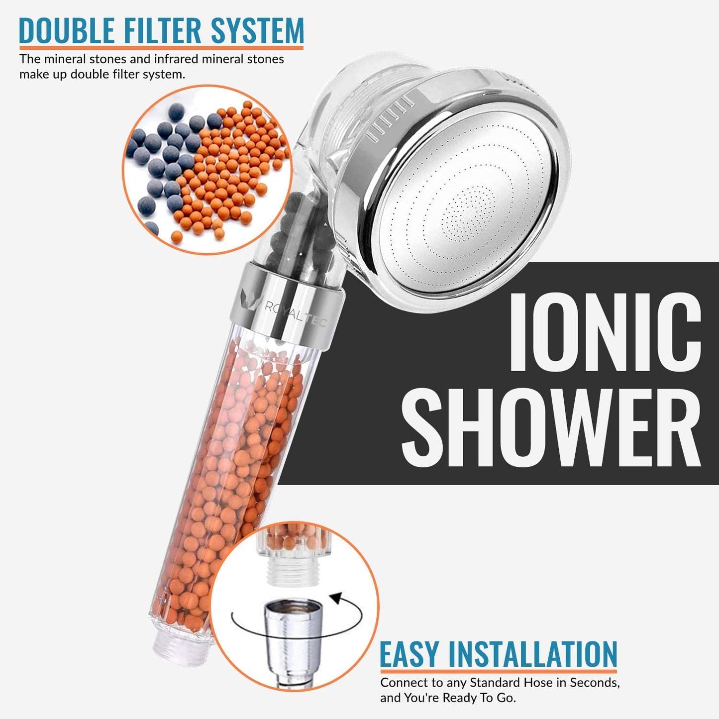 ROYALTEC Ionic Shower Head 3 Way Function, Higher Pressure Water Saving, with Extra Replacement Stones