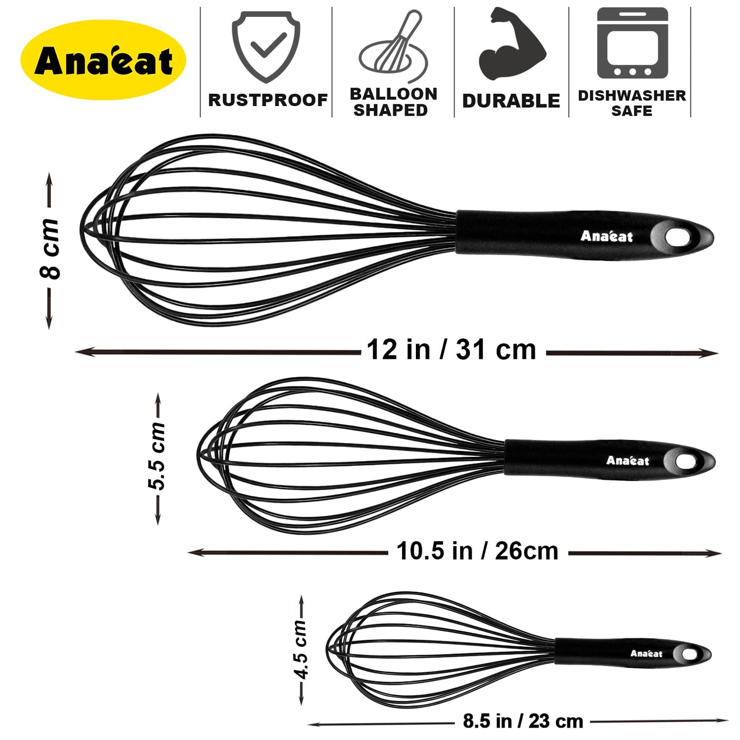 Anaeat Silicone Balloon Whisk, Perfect for Non-Stick Cookware, Milk and Egg Beater Blender, Heat Resistant Kitchen Whisks for Whisking, Cooking, Baking, Beating, Frothing & Stirring (Black) Black (23cm+26cm+31cm)