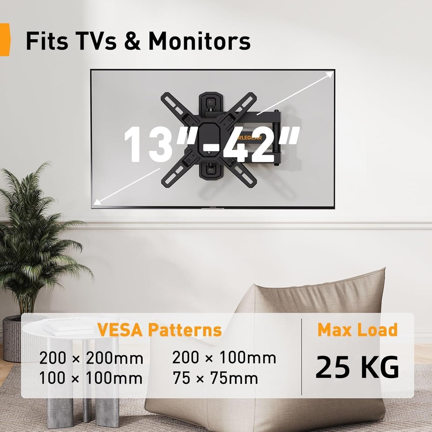 Perlegear TV Wall Bracket for Most 13-42 inch TVs up to 25kg, Full Motion TV Wall Mount Swivels/Tilts/Extends/Rotates/Max VESA 200x200mm