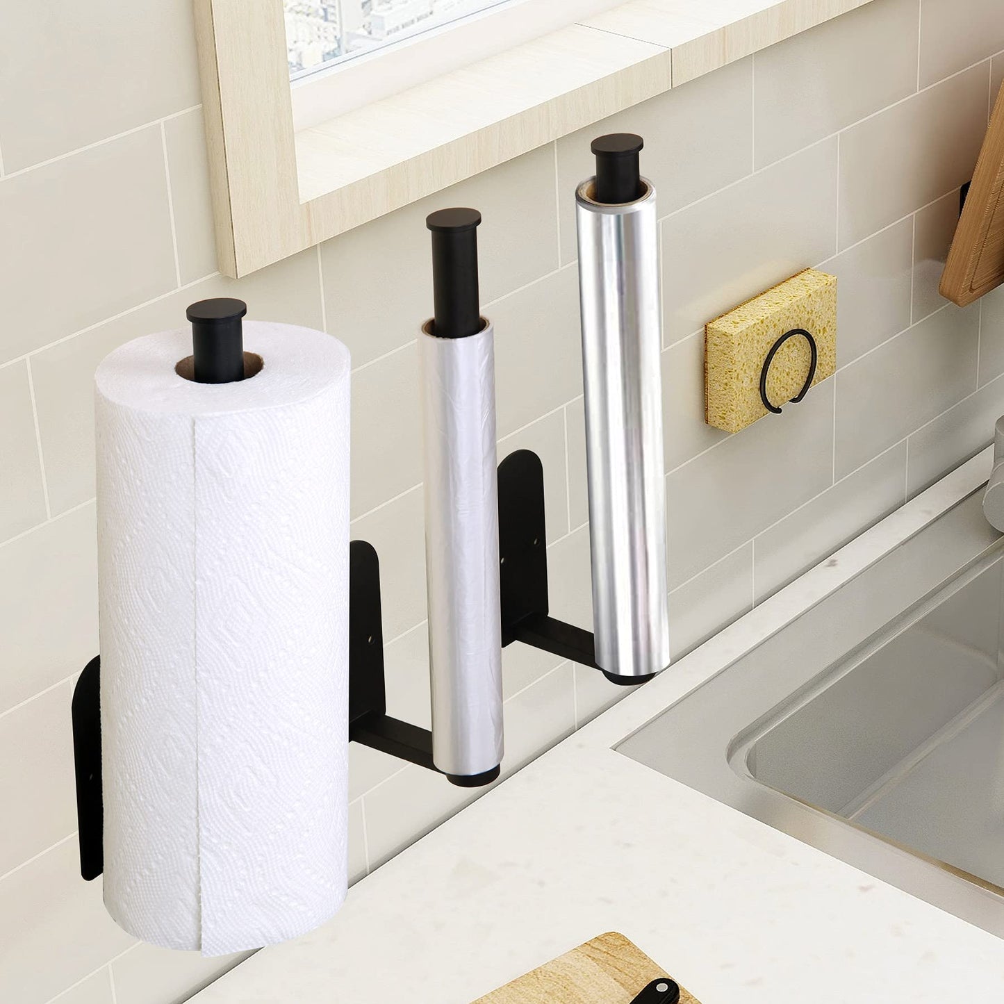 Black Kitchen Roll Holder Under Cabinet, OBODING, Self Adhesive or Drilling Kitchen Paper Towel Holder Wall Mounted for Kitchen and Bathroom (Black) Black