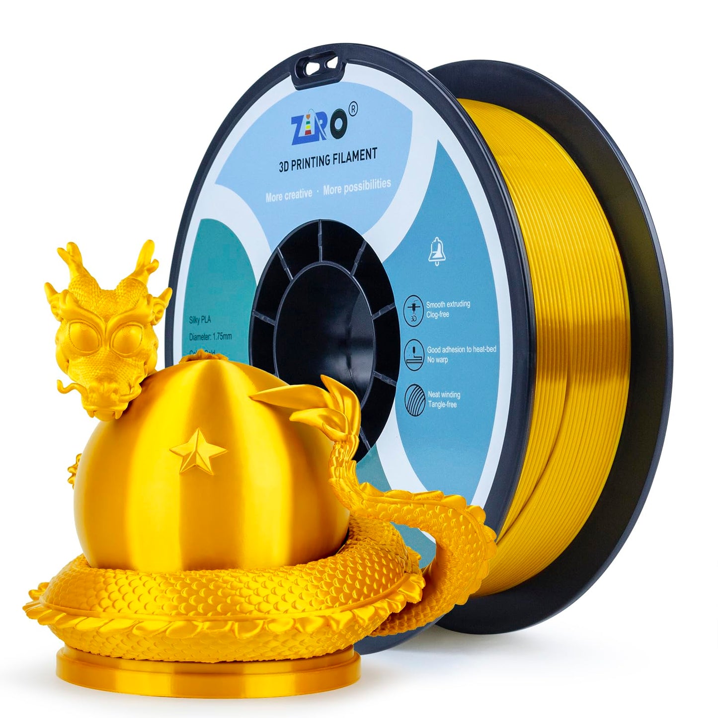 ZIRO PLA Silk Filament 1.75mm, 3D Printer Filament PLA Silky Series 1.75mm 1KG(2.2lbs), Dimensional Accuracy +/- 0.03mm, Gold