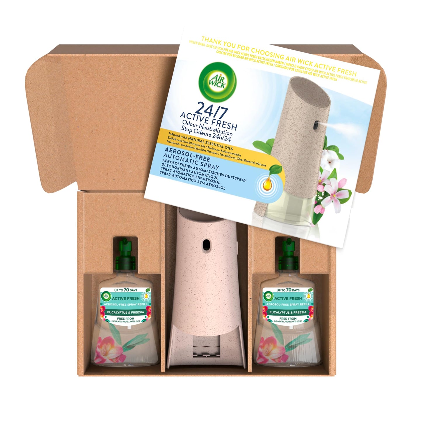 Air Wick Aerosol-Free Automatic Air Freshener Spray Starter Kit, Eucalyptus, 1 gadget, 2 Refills & 2 AA Batteries, 24x7 Active Fresh Odour Neutraliser, Lasts Up to 140 days Eucalyptus & Freesia