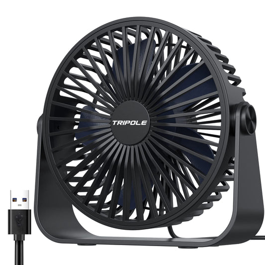 TriPole USB Desk Fan, 3 Speeds Adjustable Strong Wind Table Fan, 360° Rotation Mini Personal Fan, 5.5 Inches Portable Cooling Fan for Desktop Office Home Bedroom Car Outdoor Camping, Black