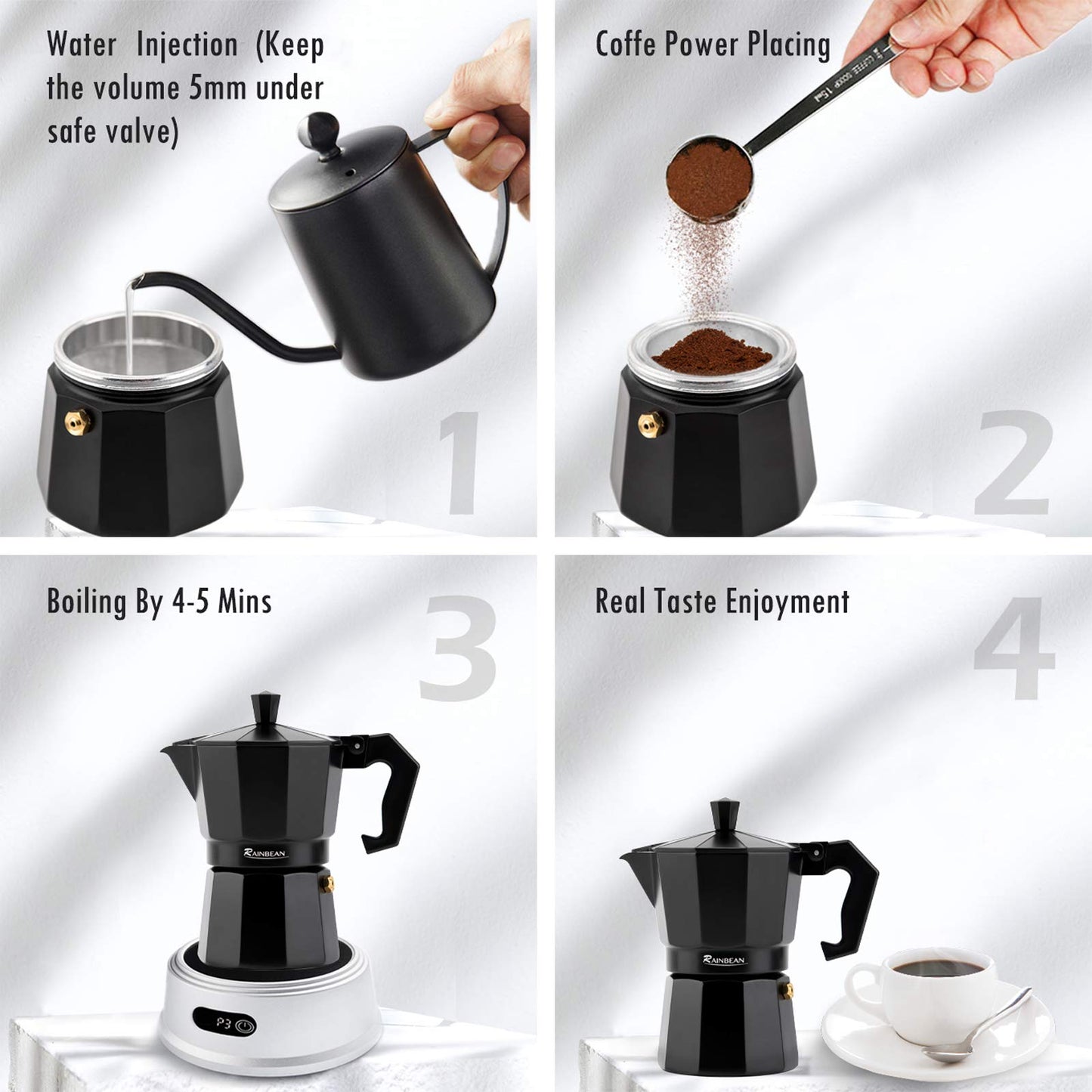 RAINBEAN Moka Pot 6 Cups/300ml, Stovetop Espresso Maker, Aluminium Steam Coffee Percolator Brewing Pot - Includes 2 Ceramic Cups - for Coffee Lovers 6 Cup/300 Ml