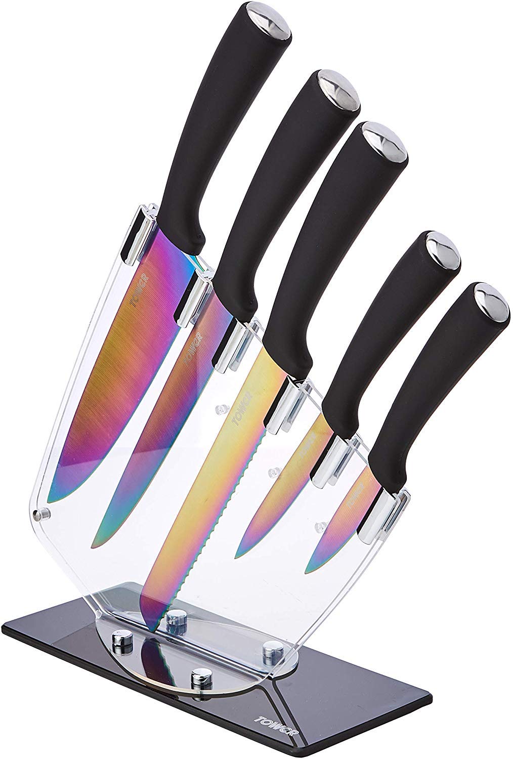 Tower T80703 Kitchen Knife Set with Acrylic Knife Block, Multi-Coloured Blades with Black Handles, 5-Piece 5-piece Knife Set with Stand, Multicolour