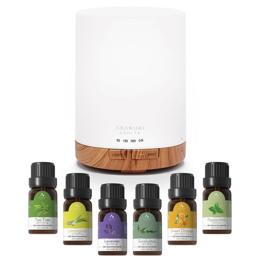 ASAKUKI 300ml Aroma Diffuser for Essential Oils with 6Pcs*10ml Pure Essential Oil Gift Set, Cool Mist Essential Oil Diffuser with 4 Timer Setting, 15 Color Lights, Auto Shut Off Z-yellow Wood With Oil