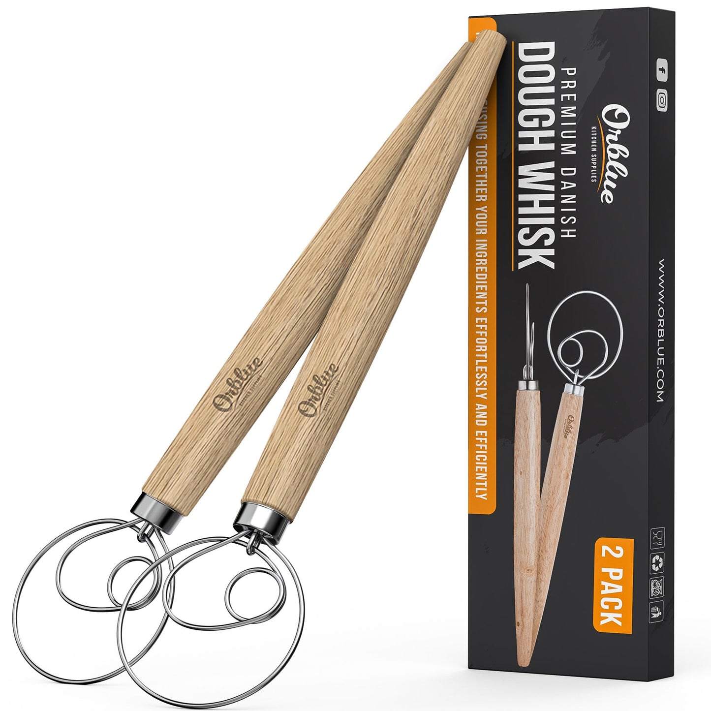 Orblue Danish Dough Whisk 13,5"- Stainless Steel Hand Mixer Blender for Baking Bread, Pizza, Cake, Cookie Dough - Wooden Kitchen Food Mixer & Egg Whisk for Bread Making 2-pack Brown Retro